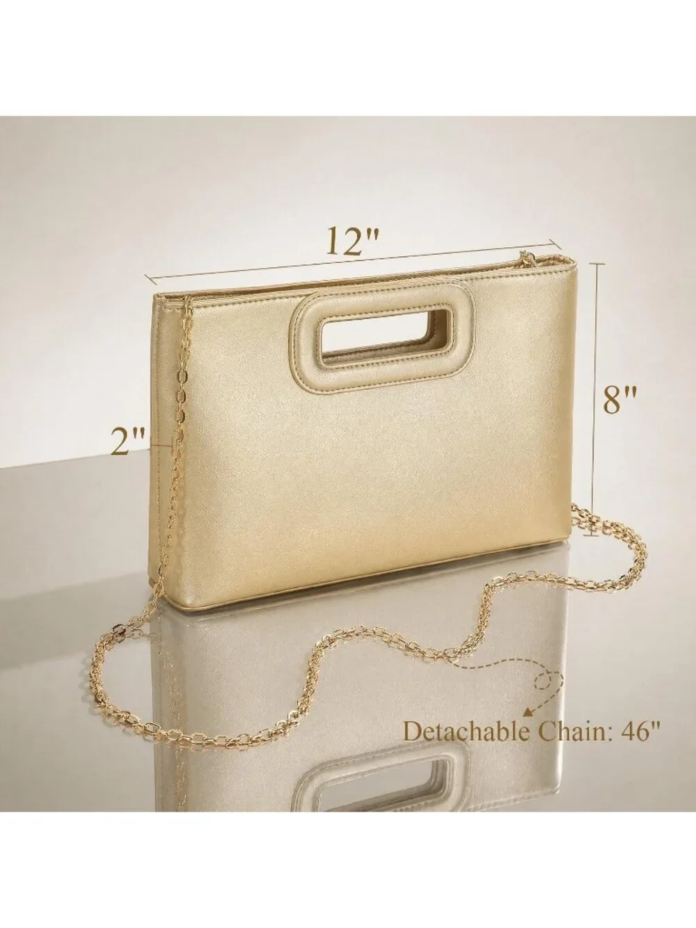 Women Lightgold Clutch Handbag Modern Faux Leather with Metal Handle Evening Bag